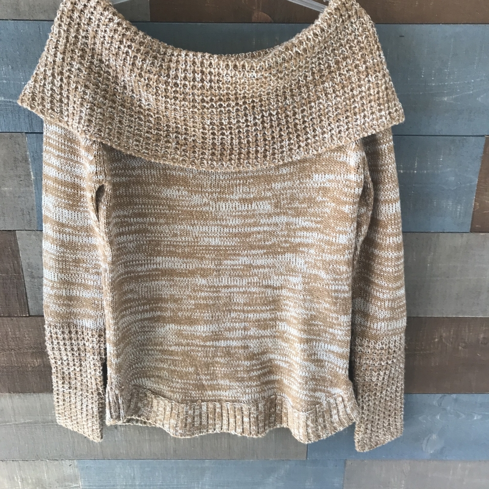 Cream & Tan Knitted Off the Shoulders Sweater